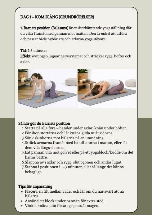 Yoga från grunden – 7‑dagarsschema (47 sidor, 22 rörelser)
