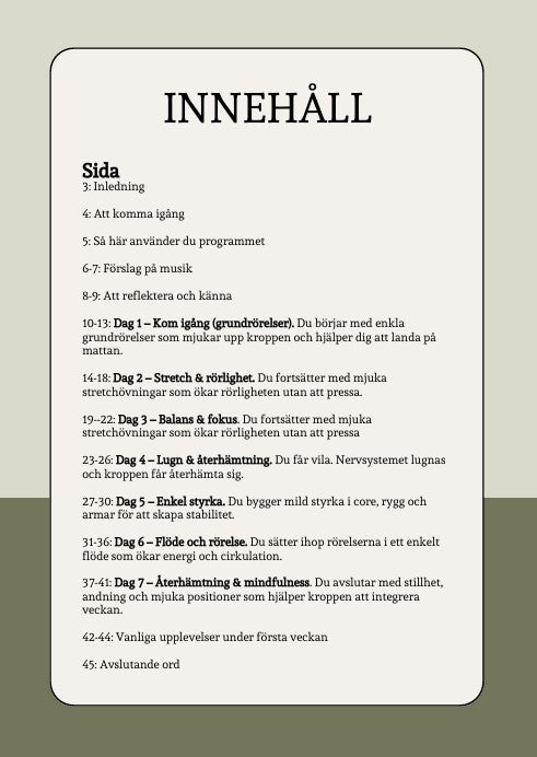 Yoga från grunden – 7‑dagarsschema (47 sidor, 22 rörelser)